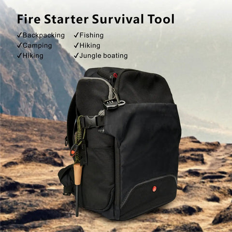 Black backpack in mountainous terrain with Ultimate Flint And Steel Fire Starter Kit With 3.5 Inch Ferro Rod and tools displayed