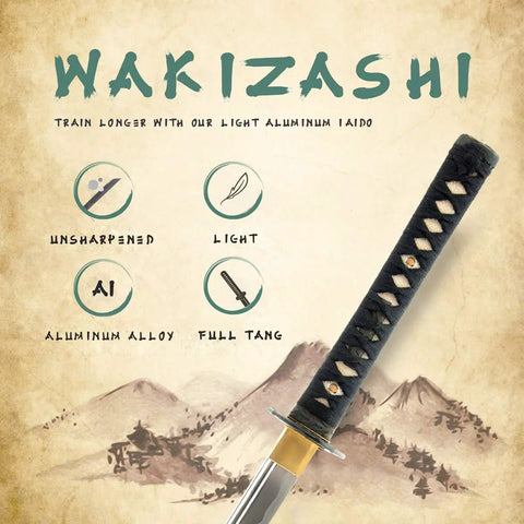 Lightweight Aluminum Wakizashi Iaito For Iaido Training 21 Inch Unsharpened Practice Blade With Fuller Groove and bamboo tsuba