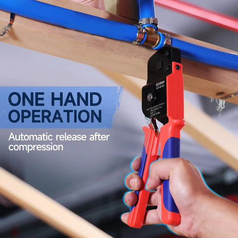 One Hand PEX Cinch Tool Kit With Cutter And Go No Go Gauge Includes Twenty Half Inch Clamps And Ten Three Quarter Inch Clamps In A Molded Case Meets ASTM F2098 All In One Crimping Set For Home Plumbing in use on blue pipe