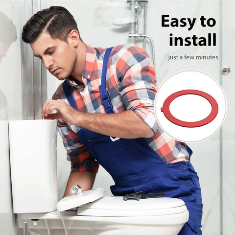 Man installing 3 Pack Silicone Flush Valve Seal For Canister Toilets Replacement Gasket Hassle Free Install Leak Proof Durable Toilet Seal Fits K-GP1059291 And K-4436 Red Or Yellow Color next to toilet