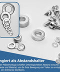 Beefy Heavy Duty Stainless Steel Flat Washers Set 100 Pack One Quarter Inch To Five Eighths Inch Outer Diameter 304 Stainless SAE And Metric M3-M12 Washers for Cars, Home, Industrial And DIY Projects, shown with screws on white background