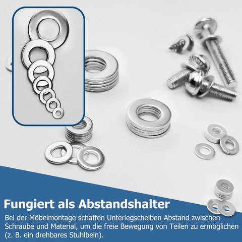 Beefy Heavy Duty Stainless Steel Flat Washers Set 100 Pack One Quarter Inch To Five Eighths Inch Outer Diameter 304 Stainless SAE And Metric M3-M12 Washers for Cars, Home, Industrial And DIY Projects, shown with screws on white background