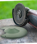 Angle Grinder Wheel Guard Protector Easy Install Safety Shield on a workbench with green iron cover next to grinder machine.