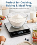 Digital Kitchen Scale With 33Lb Capacity, 15KG Equivalent, Waterproof Stainless Steel Surface, USB Rechargeable Power, 1 Gram Precision, Tare Function, glass bowl with flour, surrounded by baking ingredients, on countertop