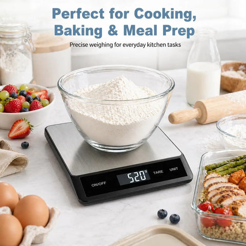 Digital Kitchen Scale With 33Lb Capacity, 15KG Equivalent, Waterproof Stainless Steel Surface, USB Rechargeable Power, 1 Gram Precision, Tare Function, glass bowl with flour, surrounded by baking ingredients, on countertop