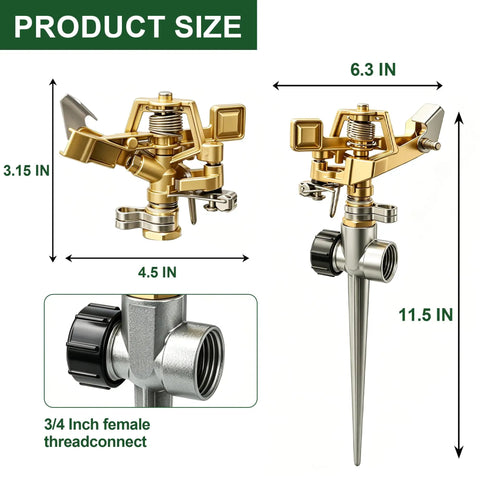 Product diagram of Two Pack Impact Lawn Sprinklers With Heavy Duty Aluminum Spike Base Pulsating Adjustable Heads For Big Lawns And Patios Built Tough With Zinc Alloy Durability Easy Setup For Garden And Yard Watering.