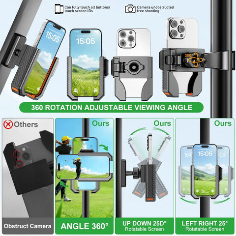 360 swivel view of 2-In-1 Golf Cart Phone Holder Mount With Magnetic Base And Vise Clamp For 4.5-7 Inch Smartphones, EZGO Club Car Yamaha