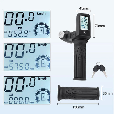 Twist Throttle for Electric Bikes and Scooters With LED Display, 24-72V Compatible, shown with dimensions, grip detail.