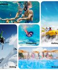 Collage of activities: snorkeling underwater, skiing on snow, swimming in pool, rafting on river, and children at waterpark