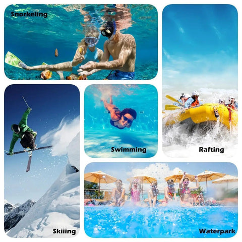 Collage of activities: snorkeling underwater, skiing on snow, swimming in pool, rafting on river, and children at waterpark
