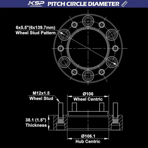 Technical diagram of 6x5.5 Wheel Spacers For Toyota Tacoma 4Runner 1.5 Inch Forged Hub Centric Adapters Kit dimensions and details