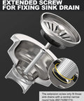 Straight Up Solid Extended Screw Mounts For Sink Drain Strainers Built To Last Rust Resistant Copper Hardware Quick Install Thick Granite Or Marble Kitchen Sink Replacement Hardware showing extended screw and strainer with detailed view.