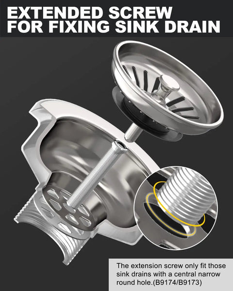 Straight Up Solid Extended Screw Mounts For Sink Drain Strainers Built To Last Rust Resistant Copper Hardware Quick Install Thick Granite Or Marble Kitchen Sink Replacement Hardware showing extended screw and strainer with detailed view.