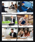 Collage of six images showing different work settings: Business meeting, truck driver, travel writing, construction project, remote work at home, and school study session.