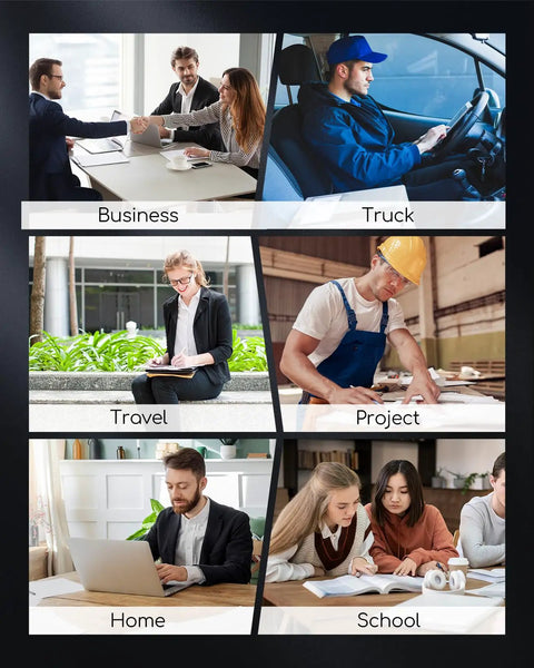 Collage of six images showing different work settings: Business meeting, truck driver, travel writing, construction project, remote work at home, and school study session.