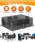 Rectangle Patio Furniture Cover Waterproof All Weather Heavy Duty Oxford Outdoor Table And Chair Cover For Lawn Backyard Deck Black 84 Inch Length 79 Inch Width 26 Inch Height Tough As Nails covering table and chairs.