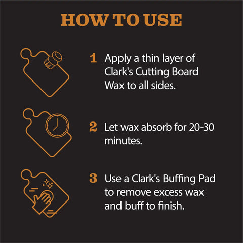 Instructions for applying Two In One Wood Care For Cutting Boards And Butcher Block Surfaces With Beeswax And Food Grade Mineral Oil.