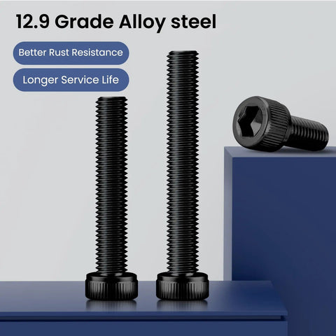 120 Piece Rock Solid M3 X 12MM Hex Socket Head Cap Screws Bolt Set In 12.9 Grade Alloy Steel With Black Oxide Finish And Included Hex Wrench For Tough Jobs And Weekend Warrior Builds, showing black oxide screws on a blue surface.