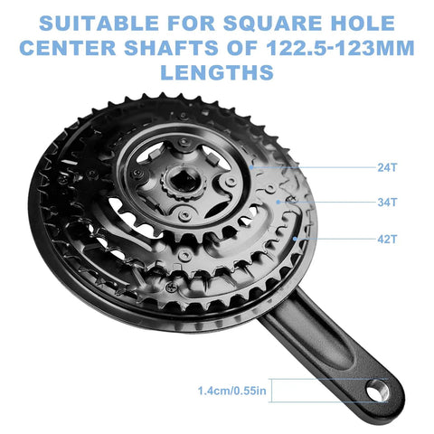 Black Bike Crankset 24 34 42T 170mm Square Taper For 3x7 3x8 3x9 Speed Mountain Bikes with detailed chainring view