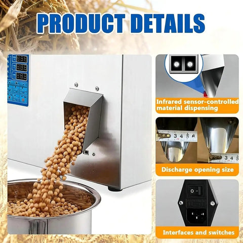 Heavy Duty Automatic Powder Filling Machine 1 To 500 Grams dispensing small round grains into a silver container with sensor controls.