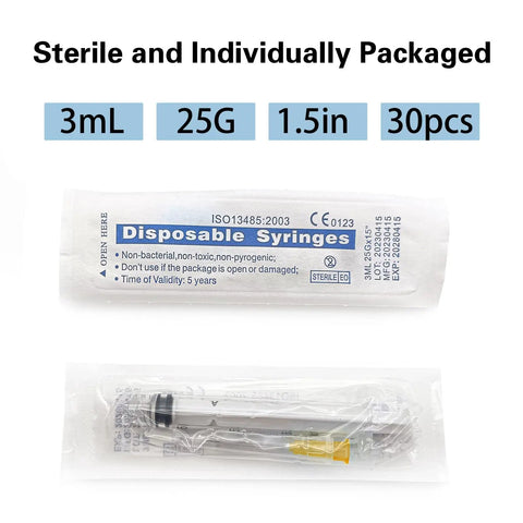 Heavy Duty 30 Pack 3 Milliliter Luer Lock Syringes With Stainless Steel Tips Individually Sealed For Lab Research And Craft Mixing showing sterile packaging and syringe details.