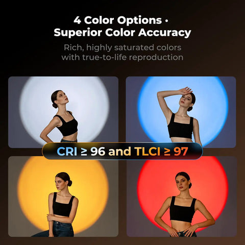 4 color modes demonstrated with model using 25W RGB Photography Flashlight With 20 Gobos And 4 Color Modes Portable Zoomable Video Spotlight