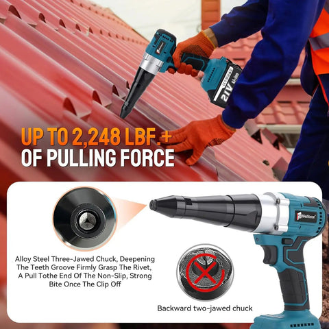 Dead-Easy No-Fuss Cordless Rivet Gun With 21V Battery And Brushless Motor For Automatic Core Pulling being used on red roofing.