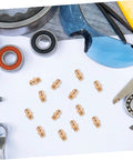 25 Piece Grease Zerk Fitting Assortment Kit With Straight And Angled Copper Threaded Nozzles For Quick Lubrication Of Machinery And Equipment One Quarter By Twenty Eight Thread Size arranged on paper among tools