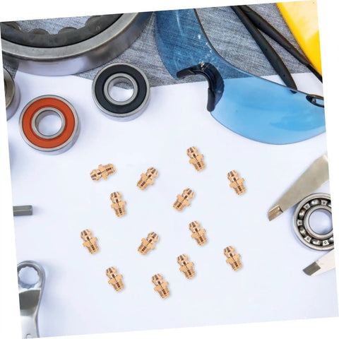 25 Piece Grease Zerk Fitting Assortment Kit With Straight And Angled Copper Threaded Nozzles For Quick Lubrication Of Machinery And Equipment One Quarter By Twenty Eight Thread Size arranged on paper among tools