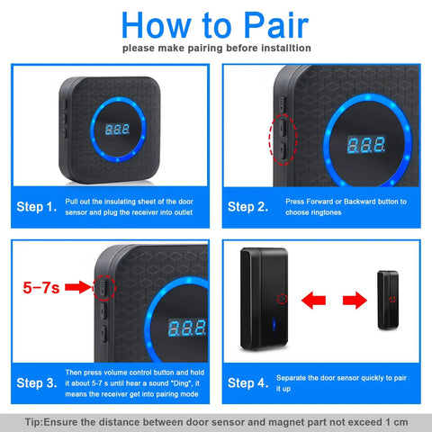 Illustration of pairing procedure for Waterproof Wireless Door Alarm With Adjustable Volume Chime For Home Or Business 1000 Ft Range 55 Melodies And 3 Alarms Sensor Plus Plug In Receiver Easy To Install Black Dope Door Security System
