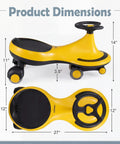 The Totally Hassle Free Wiggle Car For Toddlers With Super Slick Flashing LED Wheels And A Nifty Two In One Swing Design That Twists And Turns Without Batteries Or Pedals dimensions display, 27x12x14 inch yellow PP frame.