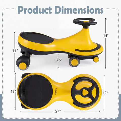 The Totally Hassle Free Wiggle Car For Toddlers With Super Slick Flashing LED Wheels And A Nifty Two In One Swing Design That Twists And Turns Without Batteries Or Pedals dimensions display, 27x12x14 inch yellow PP frame.
