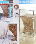 Total Game Changer For Pet Parents Seeking Spill Proof Auto Bird Feeder Cage Dish Made From Heavy Duty Clear Acrylic That Lets Cockatiels Parakeets Canaries And Conures Eat Fresh Seeds Anytime angled view with seeds