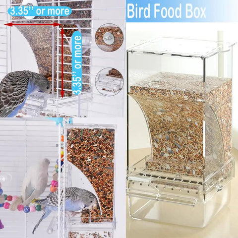 Total Game Changer For Pet Parents Seeking Spill Proof Auto Bird Feeder Cage Dish Made From Heavy Duty Clear Acrylic That Lets Cockatiels Parakeets Canaries And Conures Eat Fresh Seeds Anytime angled view with seeds