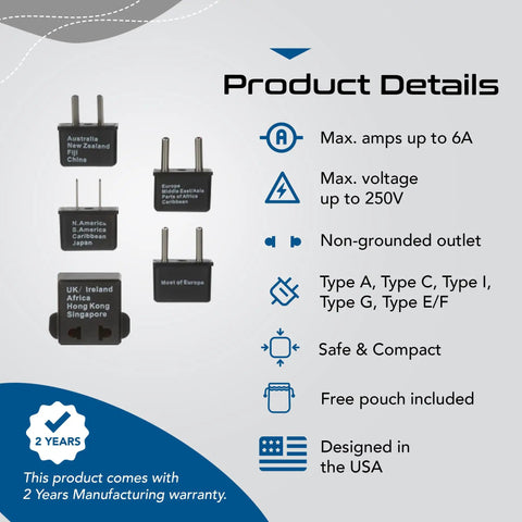 Worldwide Travel Plug Adapter Set, 5 Piece Kit with polarized plugs labeled by country, product details and warranty shown
