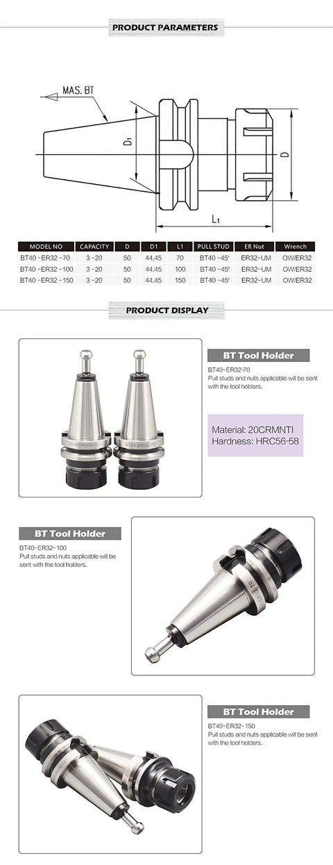 Four Pack BT40 ER32 100mm CNC Tool Holders Featuring Precision Pull Stud Heavy Duty Balanced Rig Dead Nuts Sub Point Zero Zero Three Runout Ready For Shop Floor