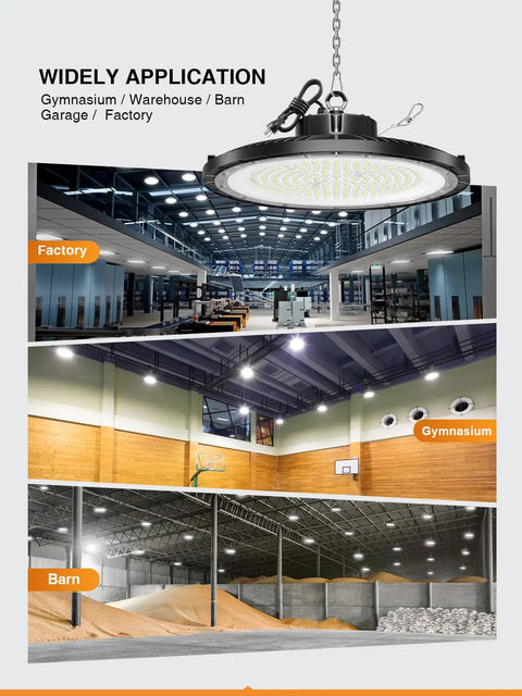10 Pack UFO LED High Bay Light 250W 37500LM 5000K Daylight IP65 Waterproof in gym, warehouse, barn applications