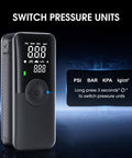Cordless Tire Inflator Portable Air Compressor With Digital Dual Screen Pressure Gauge displaying options to switch units