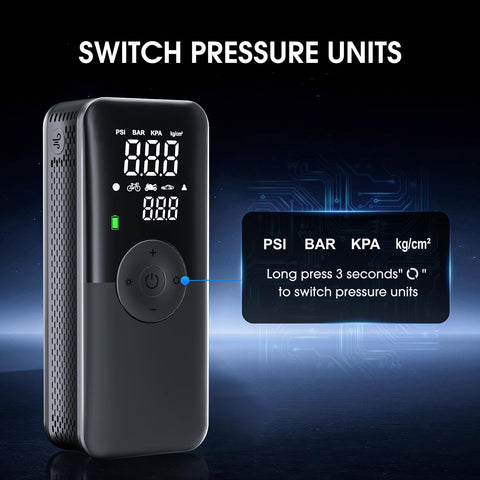 Cordless Tire Inflator Portable Air Compressor With Digital Dual Screen Pressure Gauge displaying options to switch units