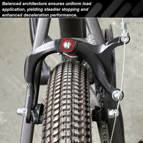Close-up on All In One Front And Rear C Caliper Brake Kit showing front brake on kids bike tire, featuring cables and mounting hardware.