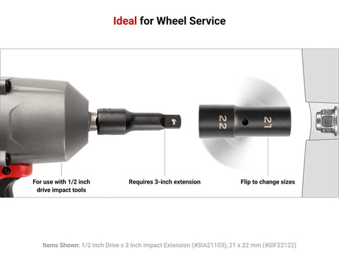 1/2 Inch Drive Flip Socket 19 x 21 mm Deep Thin Wall Impact Socket For Wheel Service With Reversible Flip Design