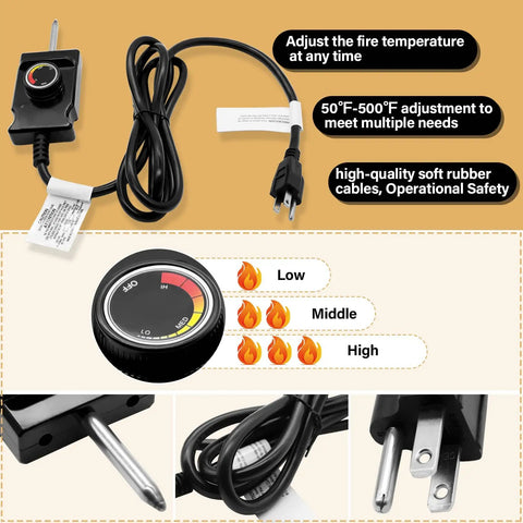 1500 Watt Heating Element With Adjustable Thermostat Cord Controller, close-up view of dial and plug for electric smokers and grills