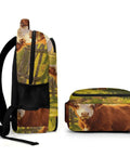 White Face Highland Cattle Pasture Print Backpack for Everyday Use, unisex large capacity daypack side view with matching pouch