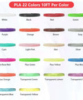 22 Color PLA 1.75mm 3D Pen Filament Refills Pack, 10 Feet Per Color, color samples showing 22 different PLA filament colors
