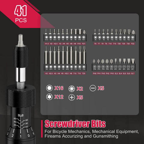 Adjustable Torque Screwdriver Kit 10 To 60 In-Lb With 40 Precision Bits, 25mm And 50mm Lengths shown with bit types and quantities