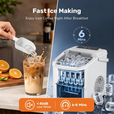 No-Hassle Portable Countertop Ice Maker With Scoop And Carry Handle, Fast Six Minute Freeze, Up To Twenty-Six Pounds Daily Output, Two Cube Sizes For Kitchens, Offices Or Chill Weekend Hangouts with ice being scooped into a glass.