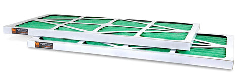 Two Pack 5 Micron Outer Filters For 1044 And 1270 CFM Air Filtration Systems, green rectangular filters stacked together