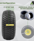 Front Tire And Wheel Assembly For Riding Lawn Mower 15x6.00-6 Tubeless 4 Ply Replacement Set Ready To Roll 3 Inch Offset Hub With Oil Infused Bushings Grease Fitting Yellow Rim 2 Pack Compatible With John Deere 100 And 300 Series image showing 3 inch offset hub and bushings