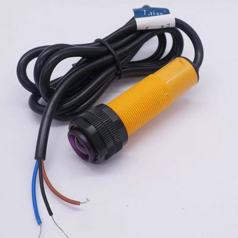 Yellow cylindrical M18 infrared photoelectric sensor with cable, part of One Pair M18 Infrared Photoelectric Sensor With Through-Beam And Reflective Capabilities PNP No DC 6-36V 5m Sensing Distance Includes Mounting Bracket Your Go-To Automation And Proximity Switch