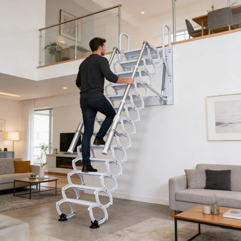Wall Mounted Folding Loft Ladder With Armrests Retractable Attic Stairs 12 Steps Telescoping Pulldown System For Easy Attic Access White Durable Build in living room